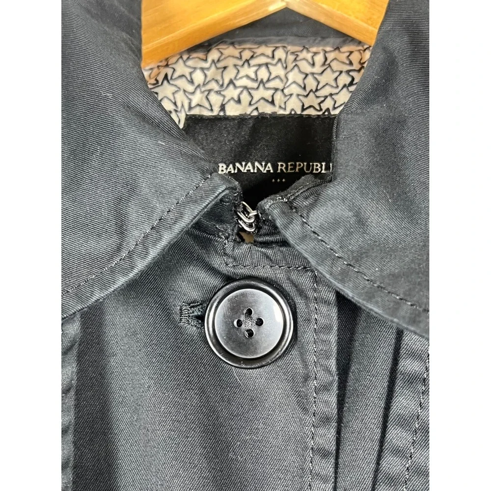 Banana Republic Black Trench Coat XS Petite‎ Preppy Classic Star Print Lining